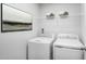 Functional laundry room with a side-by-side washer and dryer, complemented by shelving and modern artwork at 294 N Coral Bells Way, Four Oaks, NC 27524