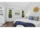Bedroom with two windows offering outside views, wood floors, and contemporary decor at 308 Hassellwood Dr, Cary, NC 27518