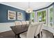 Lovely dining room featuring wainscoting, dark wood table, and large windows at 308 Hassellwood Dr, Cary, NC 27518