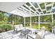 Relaxing pergola-covered patio with comfortable seating overlooking a serene pond and lush greenery at 3521 Banks Rd, Raleigh, NC 27603