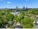 Stunning aerial view featuring downtown skyline and surrounding neighborhood with mature trees and manicured lawns at 501 Mallard Ave, Durham, NC 27701