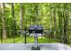Deck with black railing overlooking wooded lot and a grill for outdoor cooking at 608 Valen Ct, Chapel Hill, NC 27516
