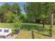 Lush backyard featuring a cozy seating area, beautiful greenery, and ample space for outdoor enjoyment at 715 Barlang Cir, Fuquay Varina, NC 27526