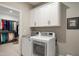 Functional laundry room with white cabinets and modern washer and dryer units at 825 Flower Manor Dr, Wendell, NC 27591