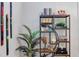Decorative shelving unit displaying books, plants, and various decorative items at 919 Orient St, Durham, NC 27701