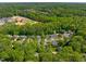 An elevated view of a residential area next to woods, showcasing the neighborhood's layout and proximity to nature at 102 Treadwell Ct, Cary, NC 27513