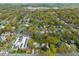 A neighborhood aerial view highlighting the tree-lined streets, homes, and nearby shopping center at 1024 W Markham Ave, Durham, NC 27701