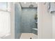 Shower with blue patterned tiles, white trim, and shelving for toiletries at 1024 W Markham Ave, Durham, NC 27701