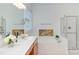 Clean bathroom featuring a soaking tub, separate glass enclosed shower, and vanity with great lighting at 1311 Antler Point Dr, Durham, NC 27713