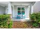 Inviting front porch with blue rocking chairs, stone accents, and a well manicured flower bed at 15 White Spruce Ct, Durham, NC 27703