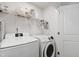 Laundry room with a wire shelf and new white Samsung washer and dryer at 1820 Grassy Falls Ln, Wendell, NC 27591