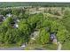 An aerial view shows a lovely home surrounded by trees near a community park and athletic fields in a residential neighborhood at 204 Black Forest Dr, Clayton, NC 27527