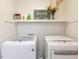 Functional laundry room with white washer and dryer and decor at 204 Flint Point Ln, Holly Springs, NC 27540