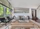 Inviting living room with hardwood floors, stylish seating, and expansive windows framing scenic natural views at 205 Wood Cir, Chapel Hill, NC 27514