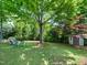 Spacious backyard featuring a large tree, green lawn, colorful chairs, and a storage shed at 2128 Watkins St, Raleigh, NC 27604