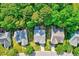 An aerial view of the property showing the house in a neighborhood with lots of green trees at 217 Carolina Town Ln, Holly Springs, NC 27540