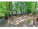 View from a deck of a backyard with a fire pit, wood fence, and mature trees at 2205 Long And Winding Rd, Raleigh, NC 27603
