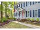 The exterior of the grey two-story home has dark shutters and landscaped front yard with walkway at 2205 Long And Winding Rd, Raleigh, NC 27603