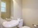 Half bathroom with modern sink, large mirror, and neutral color scheme at 23 Great View Ct, Clayton, NC 27527