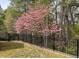 Backyard featuring a black fence, grassy lawn and blooming dogwood trees at 2565 Bent Green St, Raleigh, NC 27614