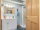 Bathroom features a white vanity with a sink, framed mirror, and a glass-enclosed shower at 3009 Pleasant Hill Church Rd, Siler City, NC 27344