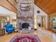 Cozy living room with a stone fireplace, wood ceilings, and an open floor plan at 3009 Pleasant Hill Church Rd, Siler City, NC 27344