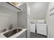 Well-equipped laundry room with sink, countertop, and modern washer and dryer at 3138 Curling Creek Dr, Apex, NC 27502