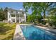 Beautiful backyard with a swimming pool, patio furniture, and lush green lawn at 3312 Rock Creek Dr, Raleigh, NC 27609