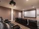 Home theater with tiered leather recliners, a projector, and a large screen for an immersive viewing experience at 464 Rosemont Dr, Durham, NC 27713