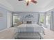 Airy main bedroom features neutral paint, large windows, tray ceiling and ceiling fan at 5240 Holly Ridge Farm Rd, Raleigh, NC 27616