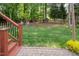 Expansive backyard with a manicured lawn, wooden fence, and mature trees at 5610 Picnic Rock Ln, Raleigh, NC 27613