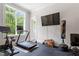 Home gym with a treadmill, stationary bike, wall-mounted TV, and padded floors overlooking a serene outdoors at 5803 Vintage Oak Ln, Raleigh, NC 27613