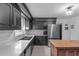 Modern kitchen with dark cabinetry, stainless steel appliances, and bright countertops at 615 Beaver Creek Rd, Apex, NC 27502