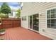 Outdoor deck featuring a wood plank surface and direct access to the house via a sliding glass door at 104 Caley Rd, Apex, NC 27502