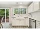 Kitchen boasts white cabinetry and a sliding glass door to the deck at 104 Caley Rd, Apex, NC 27502