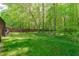 Expansive backyard with lush green grass and a backdrop of mature trees and a wooden fence at 107 Candy Apple Ct, Cary, NC 27513