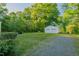 A two-car garage with a gravel driveway set amidst lush greenery at 2021 Bundy Ave, Durham, NC 27704