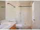 Bathroom with a single sink vanity and shower stall at 2032 Lime St, Durham, NC 27704