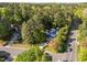Aerial view of a blue house surrounded by trees and lush greenery at 2123 Fountain Ridge Rd, Chapel Hill, NC 27517
