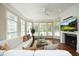 Bright and airy living room with a fireplace, TV, and numerous windows for ample natural light at 2318 Carriage Oaks Dr, Raleigh, NC 27614