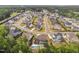 Wide aerial shot showcasing a neighborhood with lush greenery, pools, and manicured lawns at 3215 Bellamy Ridge Dr, Apex, NC 27523