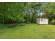 Spacious backyard featuring a storage shed, lush greenery, benches, and a tranquil outdoor seating area at 3902 Booker Ave, Durham, NC 27713