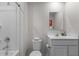 This full bathroom features a shower-tub combo, toilet, and a vanity with sink and mirror at 473 Lavatera Dr, Wendell, NC 27591