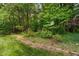 View of the backyard, featuring brick-lined garden beds and a mix of trees and greenery at 5209 Thistleby Rd, Fuquay Varina, NC 27526