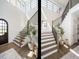 Bright entryway featuring hardwood floors, staircase, and a unique front door with decorative glass at 602 Shelley Rd, Raleigh, NC 27609
