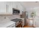 Modern kitchen with white cabinets, stainless steel appliances, quartz countertops, and a subway tile backsplash at 7940 Milltrace Run, Raleigh, NC 27615