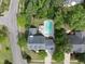 Overhead view of a home with a private backyard pool, patio area, and lush greenery at 101 Conway Ct, Cary, NC 27513