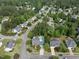 Aerial view showcases a backyard pool nestled in a lush, green neighborhood at 101 Conway Ct, Cary, NC 27513