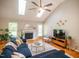 Bright living room with a fireplace, skylights, ceiling fan and hardwood floors with large blue sectional at 101 Lakeshore Dr. Dr, Durham, NC 27713