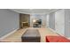 Spacious basement with a stone fireplace, large leather ottoman, and neutral paint at 108 Martinique Pl, Cary, NC 27511